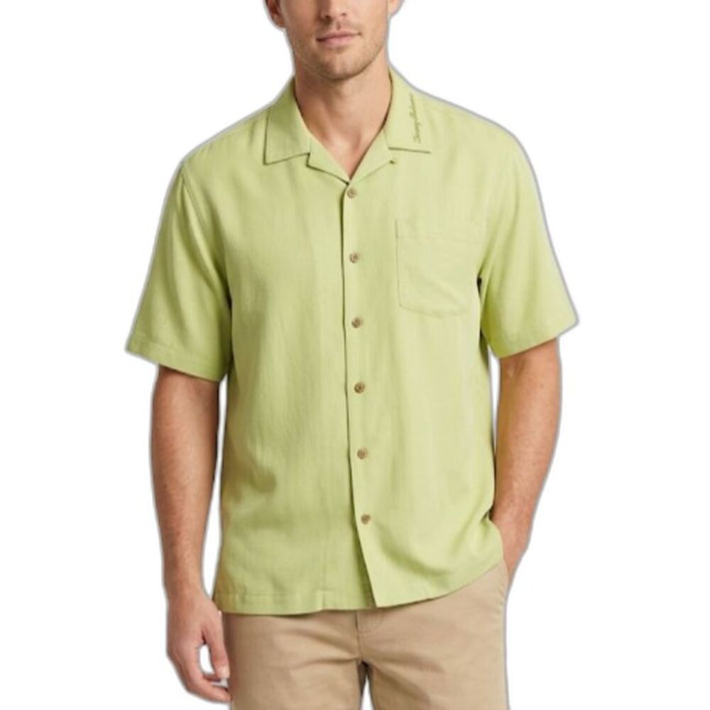 Tommy Bahama Men's Celery Green Slub Texture 100% Silk SS Hawaiian Shirt Size L
